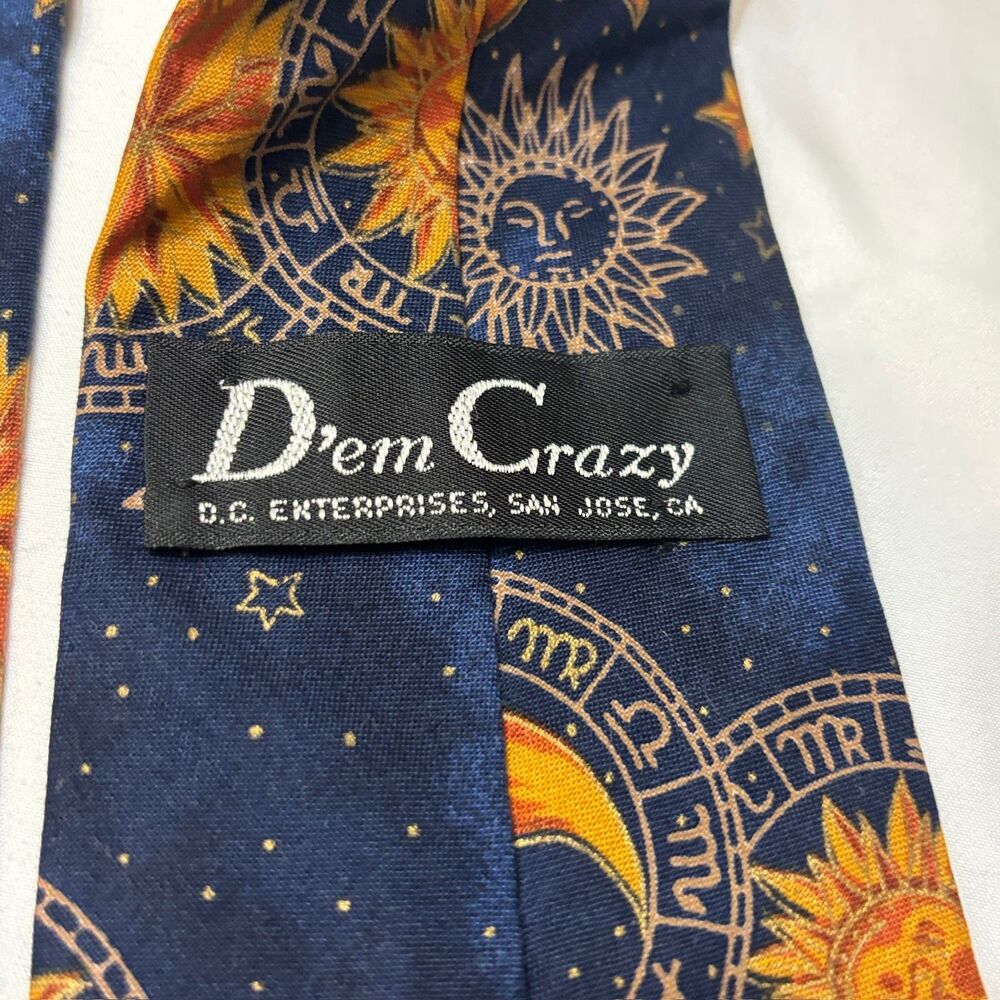 D'Em Crazy Vintage Celestial 100% Cotton Tie Sun Moon Stars Zodiac Navy 1990s - Picture 2 of 6